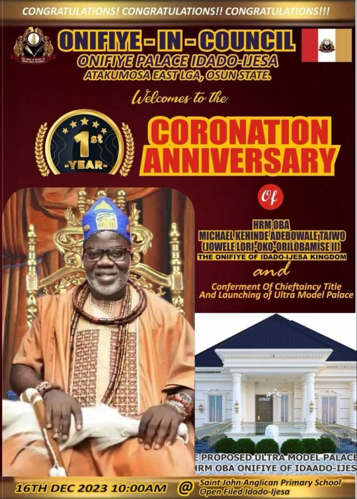 Royal Celebration Marks First Anniversary of Prince Nicola Adekunle Talluto's Throne in Idado Ijesa Kingdom